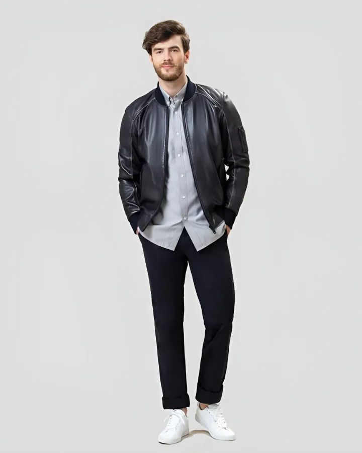 Abramo Black Bomber Lambskin Leather Jacket