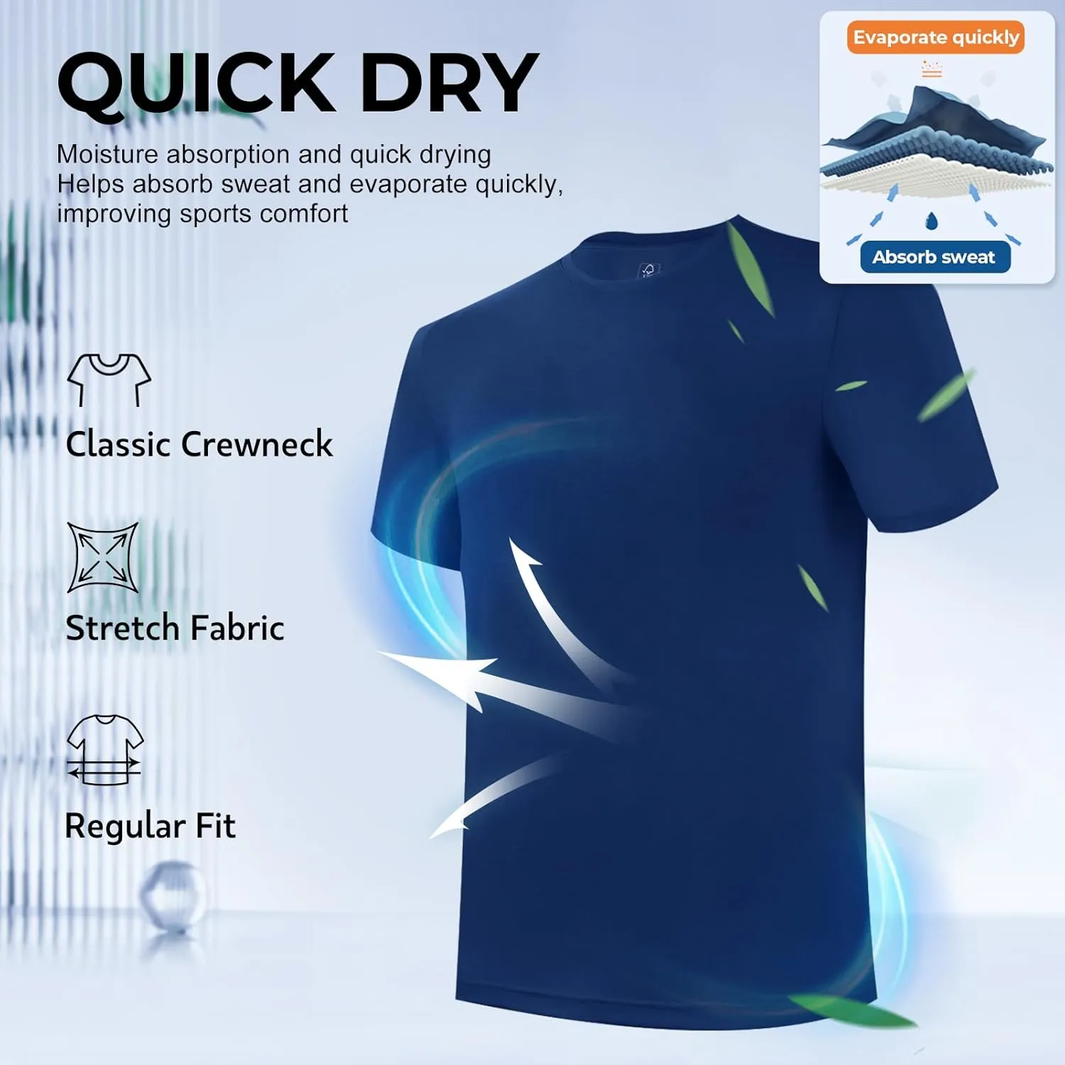 BAMBOO COOL Men's Undershirts Moisture-Wicking Tees Stretch Crew Neck Soft T-Shirts for Men,3 or 5 Pack