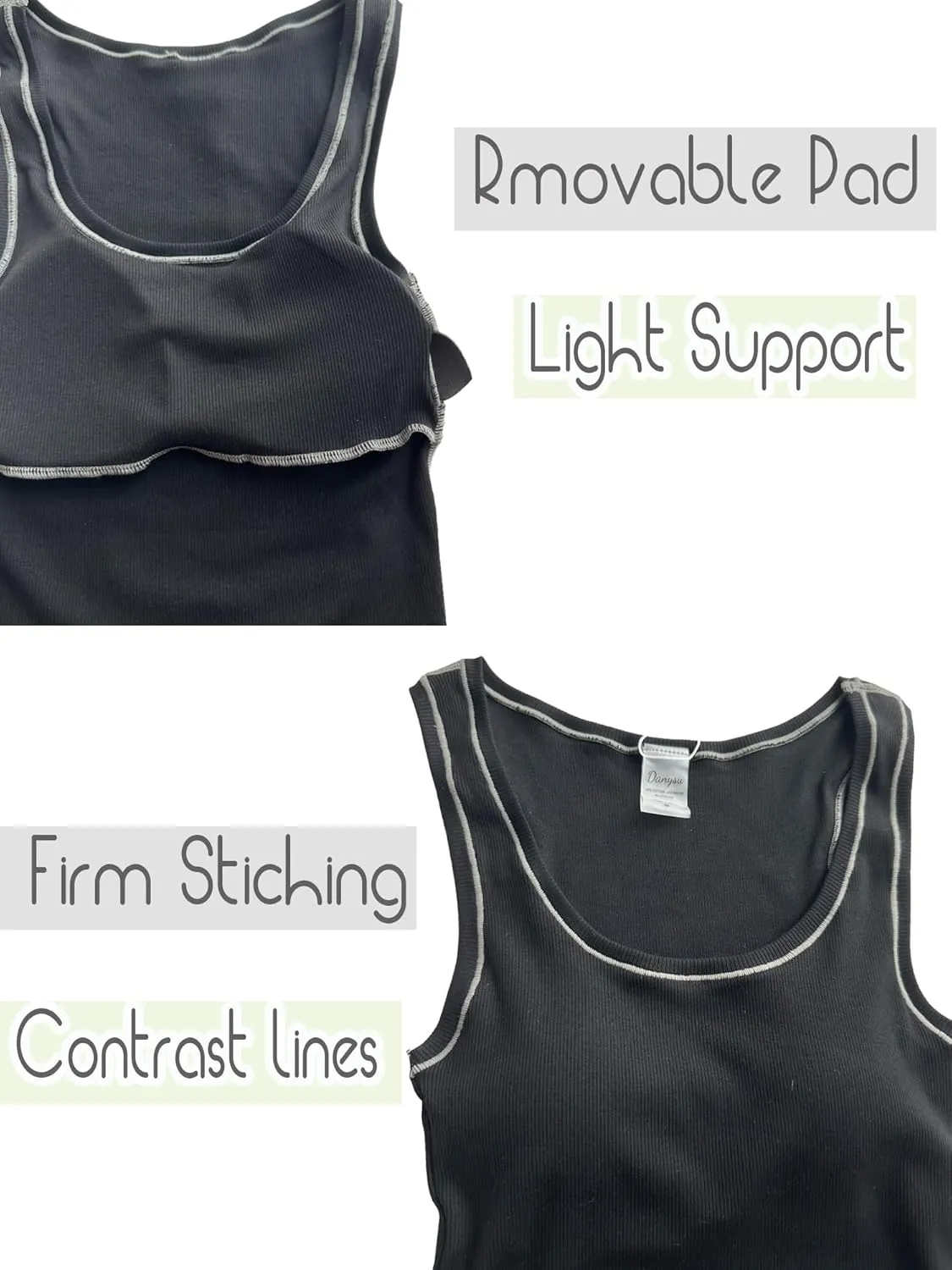 Danysu Women Rib Tank Top Padded Workout Top Square Neck Crop Tank Fitted Basic Cami Tops