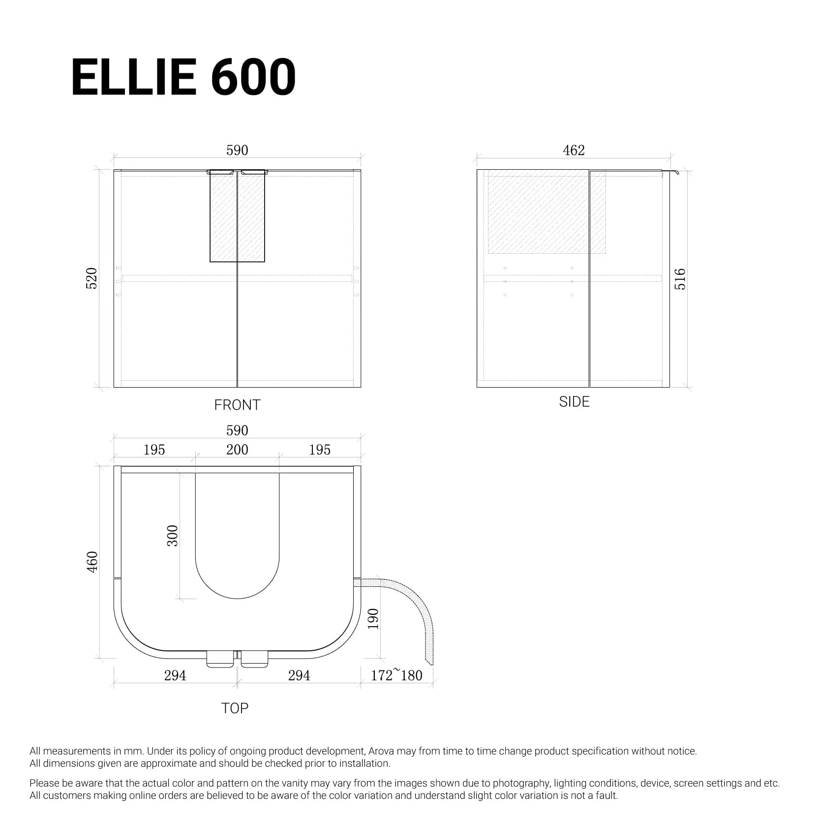 Ellie 600mm Curved Wall Hung Vanity   Luxe Stone Top