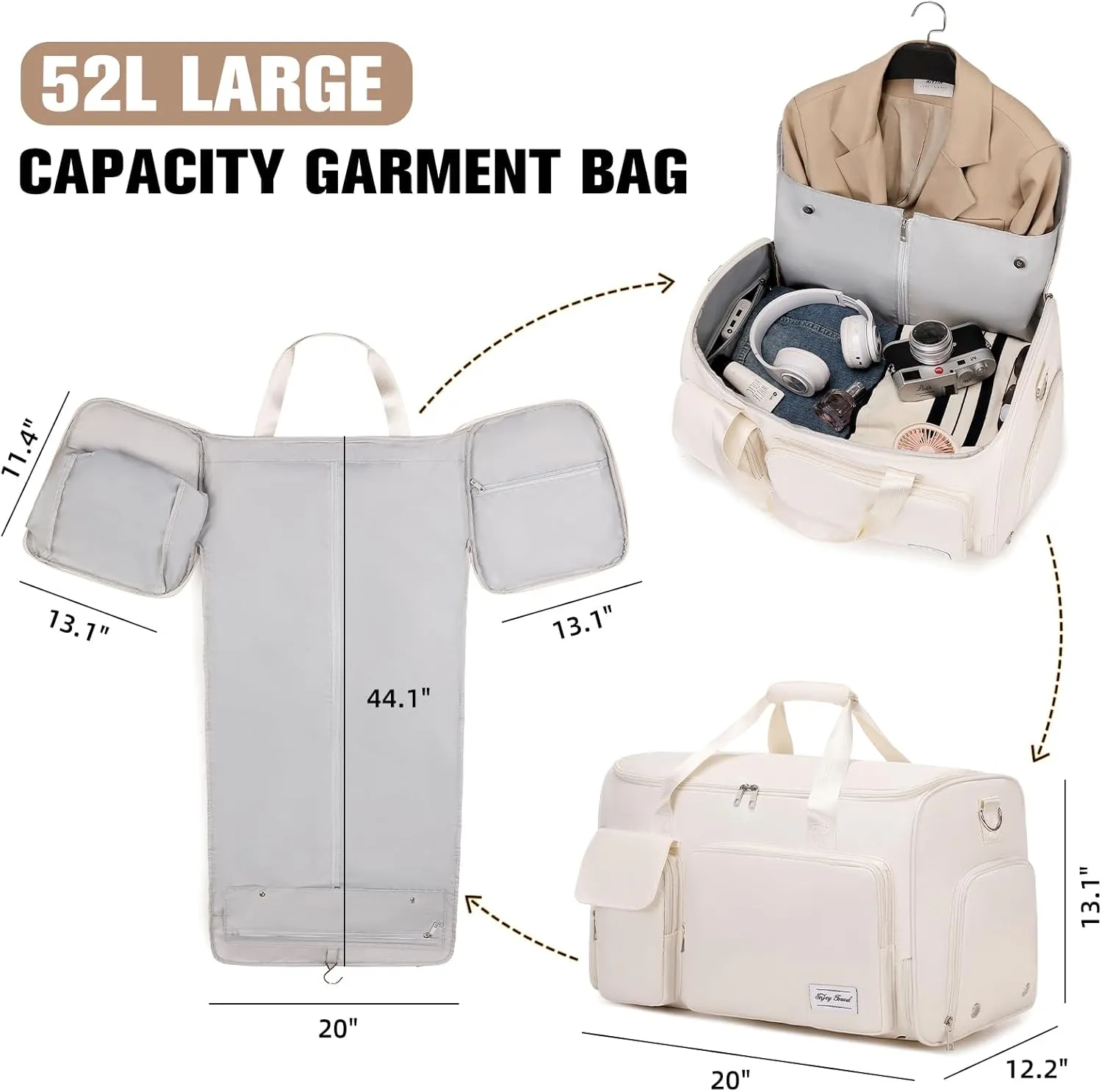 Garment Bags for Travel, 2 in 1 Convertible Carry On Duffle Bag Suit Bags Foldable Backpacks with Shoe Compartment & Toiletry Bag, Hanging Bags for Clothes Dress Suit for Men Women Gift (Beige)