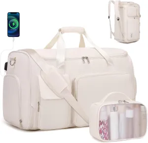 Garment Bags for Travel, 2 in 1 Convertible Carry On Duffle Bag Suit Bags Foldable Backpacks with Shoe Compartment & Toiletry Bag, Hanging Bags for Clothes Dress Suit for Men Women Gift (Beige)