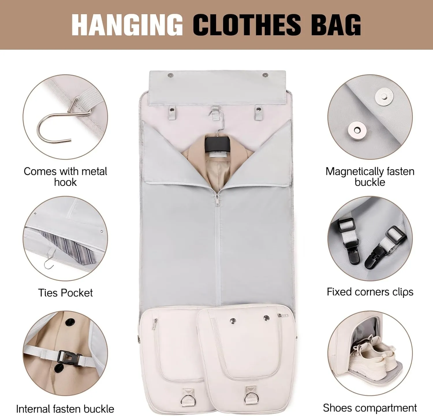 Garment Bags for Travel, 2 in 1 Convertible Carry On Duffle Bag Suit Bags Foldable Backpacks with Shoe Compartment & Toiletry Bag, Hanging Bags for Clothes Dress Suit for Men Women Gift (Beige)