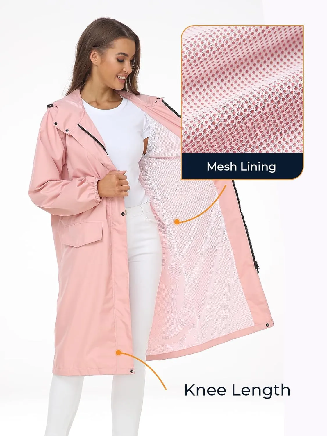 SaphiRose Women's Long Rain Jacket Waterproof Lightweight Hooded Raincoat Packable Knee Length Rain coat